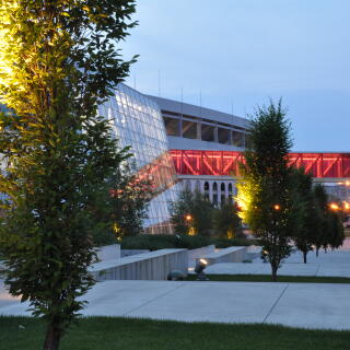 RPAC exterior view of scarlet skyway at dusk