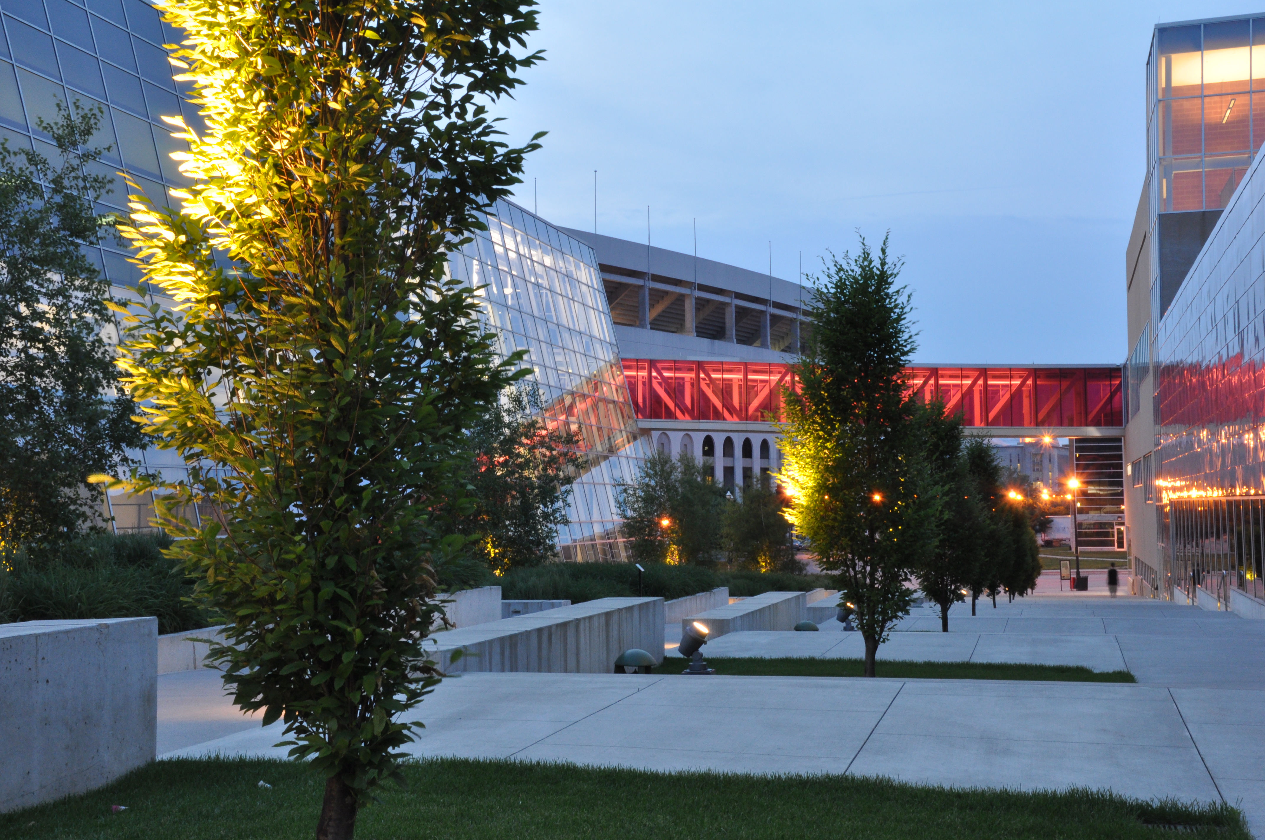 RPAC exterior view of scarlet skyway at dusk